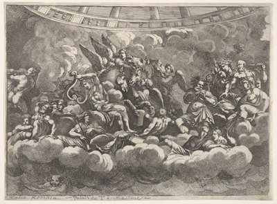 Versammlung verschiedener olympischer Götter und mythologischer Figuren unter Wolken, Apollo im Zentrum..., ca. 1680 von Pietro Santi Bartoli