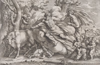 Io links als Kuh, Jupiter auf einer Wolke in der Mitte und Juno rechts, 1650-90 von Pietro Santi Bartoli