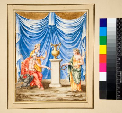 Jupiter sitzt links mit einem Adler und einer weiblichen Figur von Pietro Santi Bartoli