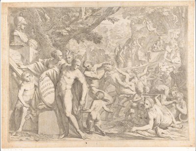 Junger Mann mit Büste der Minerva und tanzenden Satyrn von Pietro Testa