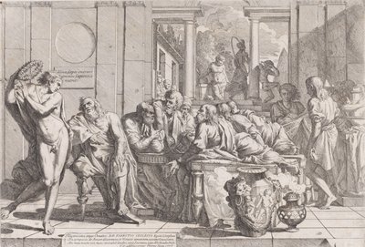 Platons Symposium: Sokrates und seine Gefährten sitzen um einen Tisch und diskutieren über ideale Liebe, 1648 von Pietro Testa