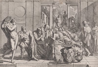 Platons Symposium: Sokrates und seine Gefährten sitzen um einen Tisch und diskutieren über ideale Liebe, 1648 von Pietro Testa