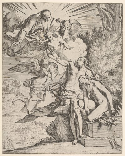 Opferung Isaaks: ein Engel drückt gegen den dolchtragenden Arm Abrahams, der ..., ca. 1645-50 von Pietro Testa