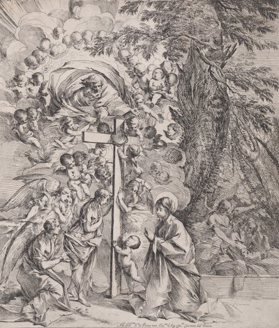 Der Traum des heiligen Joseph, der rechts schläft, die Jungfrau und das Kind bei einem Kreuz von Pietro Testa
