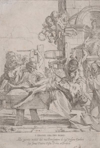 Das Martyrium des heiligen Erasmus, der ausgestreckt liegt und dessen Eingeweide entfernt werden, zwei Putti..., ca. 1630 von Pietro Testa