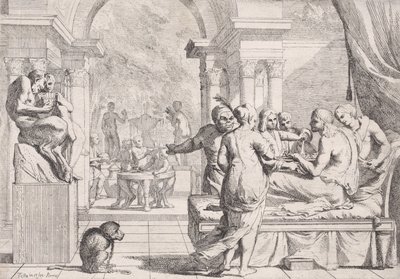 Der verlorene Sohn auf einer Couch, im Hintergrund Zecher, ca. 1645 von Pietro Testa
