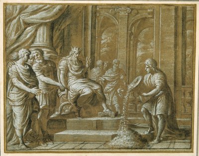 Ein älterer König, auf einem Thron mit Begleitern in einer architektonischen Umgebung, und ein Jüngling, der zu ihrem Erstaunen aus einer Vase gießt von Pietro da Cortona