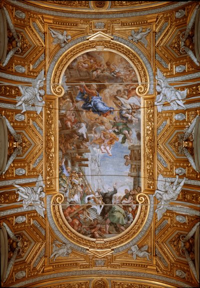 Die Jungfrau erscheint dem heiligen Philipp Neri während des Kirchenbaus (Detail) von Pietro da Cortona