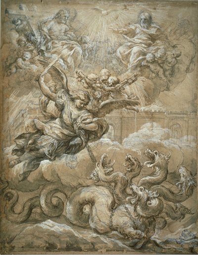 Die Heilige Dreifaltigkeit mit dem heiligen Michael, der den Drachen besiegt, 1666 von Pietro da Cortona
