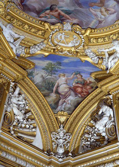 Die Sala di Apollo (Detail des Pendentifs mit den Musen Kalliope und Melpomene) von Pietro da Cortona