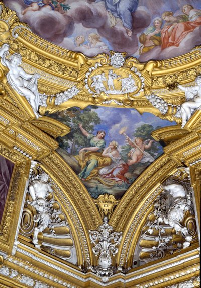 Die Sala di Apollo (Detail des Pendentifs mit den Musen Polyhymnia und Erato) von Pietro da Cortona