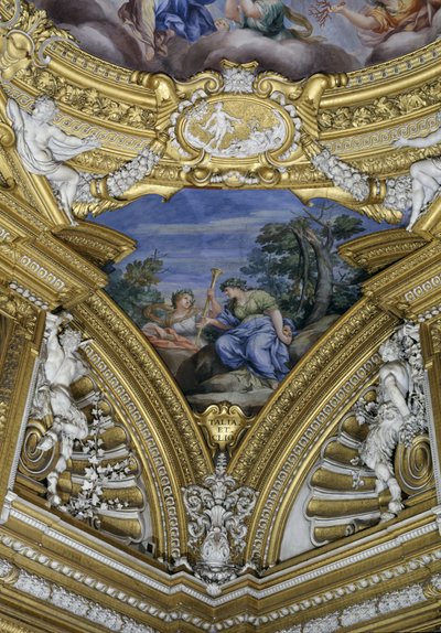 Die Sala di Apollo (Detail des Pendentifs mit den Musen Thalia und Clio) von Pietro da Cortona