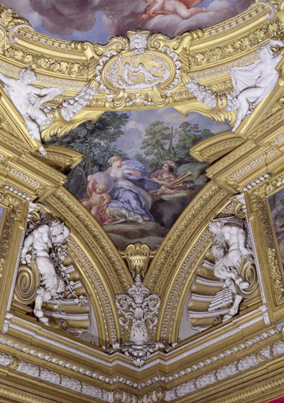 Die Sala di Apollo (Detail des Pendentifs mit den Musen Urania und Euterpe) von Pietro da Cortona
