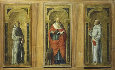 Drei Tafeln - Heiliger Franziskus, Heiliger Hieronymus und Heiliger Antonius von Padua, ca. 1480 von Pietro di Francesco degli (circle of) Orioli