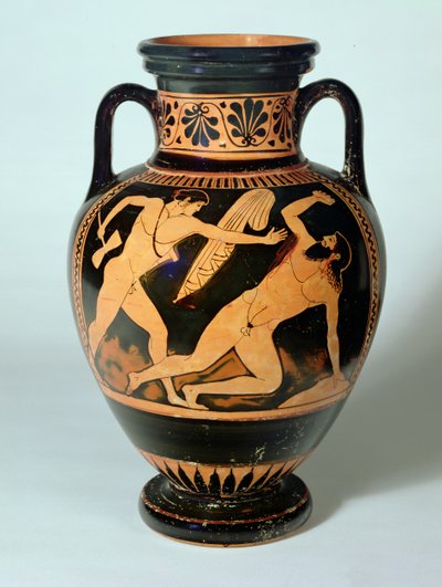 Rotfigurige Halsamphore, die Theseus zeigt, der sich darauf vorbereitet, Prokrustes zu töten, 480-470 v. Chr. (Ton) von Pig Painter