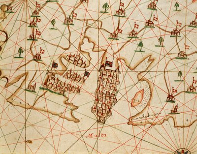 Insel Malta, aus dem Portolan-Atlas bestehend aus sechs Karten, von Placido Caloiro und Francesco Oliva, Pergament. 1646. von Placido Caloiro e Oliva