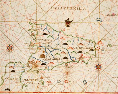 Sizilien aus dem Portolan-Atlas bestehend aus sechs Karten, von Placido Caloiro und Francesco Oliva, Pergament. 1646. von Placido Caloiro e Oliva