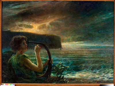 Vollmond, Hommage an eine weibliche Gottheit, die in einer Meereslandschaft mit stürmischem Himmel Leier spielt von Plinio Nomellini