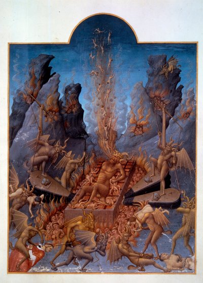 Hölle. Teufel bedienen Blasebälge, um das Feuer zu entfachen, das die Verdammten verbrennt und ihnen verschiedene Qualen zufügt. Miniatur in „Die sehr reichen Stunden des Herzogs von Berry“ von Pol de Limbourg
