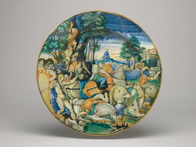 Majolika-Schale, Apollo tötet die Söhne der Niobe - Form ungefähr 64 mit schlichtem Rand, Basis der Schale, 1548 von Polidoro da Caravaggio