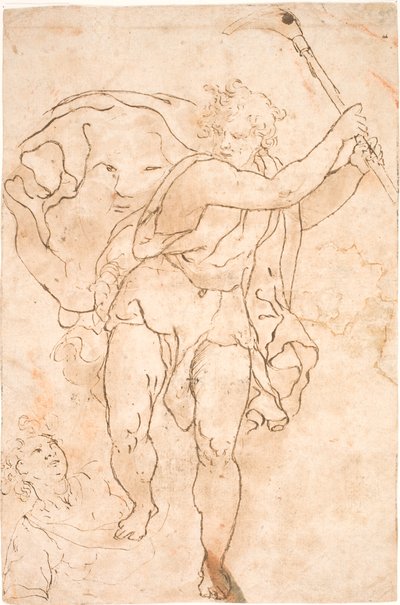 Mann schwingt eine Hacke. Mit flatterndem Umhang, auf dem summarische Gesichtszüge. Zu seinen Füßen der Oberkörper eines jungen Mannes. von Polidoro da Caravaggio
