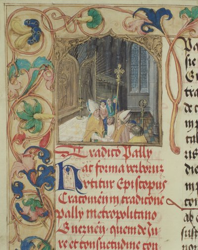 Bischof von Krakau übergibt das Pallium an den Erzbischof von Gniezno aus dem Pontifikale von Bischof Erasmus Ciolek, ca. 1510 von Polish School
