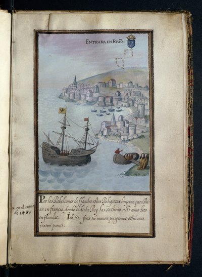 Ankunft in Rouen, aus einer Geschichte der Wanderungen der Syon-Nonnen, zusammengestellt in Lissabon im frühen 17. Jahrhundert von Portuguese School