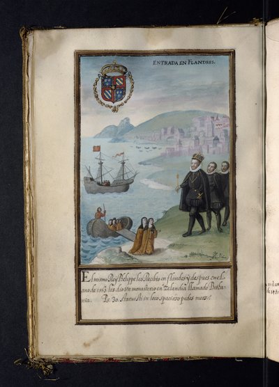 Ankunft in Flandern, aus einer Geschichte der Wanderungen der Syon-Nonnen, zusammengestellt in Lissabon im frühen 17. Jahrhundert von Portuguese School