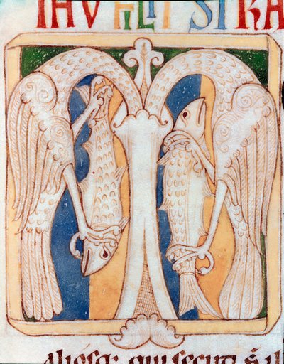 Briefkopf dekoriert mit Reihern und Fischen. Miniatur aus dem Manuskript „Testamentum Vetus“ von Sancta Cruz de Coimbra von Portuguese School