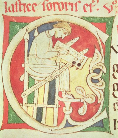 Ms 22 fol.139r Historisierte Initiale C, die einen schreibenden Mönch darstellt, aus Vitae Sanctorum, Santa Cruz de Coimbra von Portuguese School