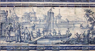 Szene am Ufer eines Flusses in Asien - Azulejos, bemalte Fayence von Portuguese School