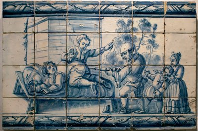 Der Arzt verabreicht einem Patienten einen Einlauf - Satirisches Panel aus Lissabon, erste Hälfte des 18. Jahrhunderts - Museu Nacional dos Azulejos, Lissabon (Portugal) von Portuguese School