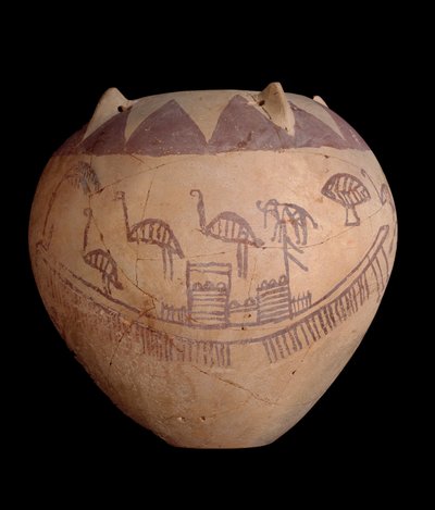 Gebrannter Tonkrug mit bemalten Verzierungen, einschließlich Boote und Tiere, ca. 3400-3300 v. Chr. von Predynastic Period Egyptian