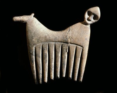 Vorgeschichte: Knochenkamm mit einem Kopf von Mensch und Pferd von der Insel Gotland. Steinzeit. Schwedisches Nationalmuseum für Altertümer, Stockholm, Schweden von Prehistoric Prehistoric