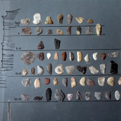 Prähistorisch, Kultur von Pontiniano: Steine und Feuerstein (Lithische Produktion) aus der Höhle von Moscerini, Latium. Steinzeit. Oberes Paläolithikum. Rom, Museo Nazionale Preistorico Etnografico Luigi Pigorini von Prehistoric Prehistoric