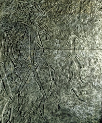 Prähistorie, Felskunst: Petroglyphen (Graffiti auf Stein) von menschlichen Figuren. Neolithikum, Steinzeit. (Aserbaidschan) Bronzezeit. Baku, Aserbaidschanisches Staatliches Religionsgeschichtliches Museum von Prehistoric Prehistoric