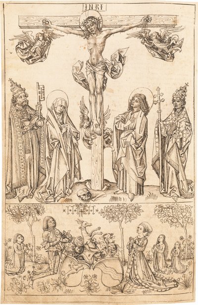 Die Kreuzigung mit der Jungfrau und den Heiligen und der Familie Hungerstein von Primary Master of the Strassburg Chronicle