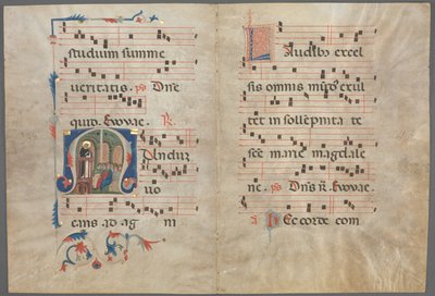 Bifolium aus einem Antiphonar: Initiale M mit dem predigenden Heiligen Dominikus von Primo Miniatore di San Domenico