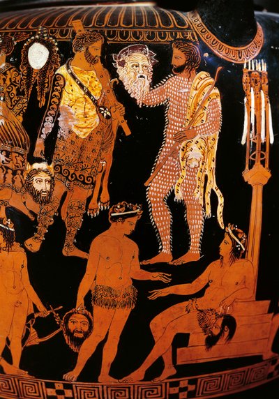 Vase von Pronomos, Krater mit roten Figuren (Detail) von Promonos Painter