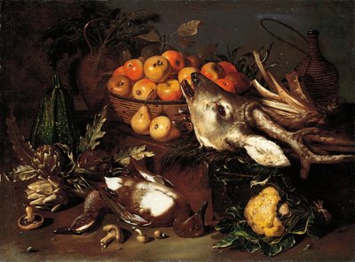 Pilze, Artischocken, ein Korb mit Äpfeln und ein Kohl mit Wildbret auf einem Sims von Pseudo Salini