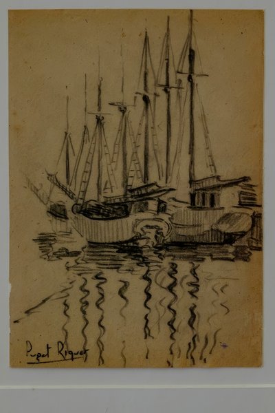 Segelboote, Narcís Puget Riquer, Kohlezeichnung, Museo Puget, Casa Noble de Can LLaudis, Dalt Vila, Ibiza, Balearen, Spanien von Puget Riquer