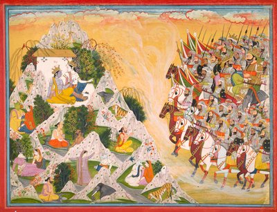 Jarasandhas Armee rückt gegen Krishna und Balarama vor, Folio aus einem Mahabharata, ca. 1800-1815 von Purkhu