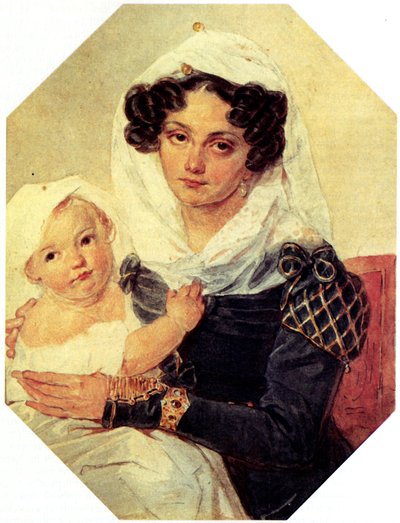 Porträt der Gräfin Maria N. Volkonskaya mit Sohn Nikolay von Pyotr Fyodorovich Sokolov