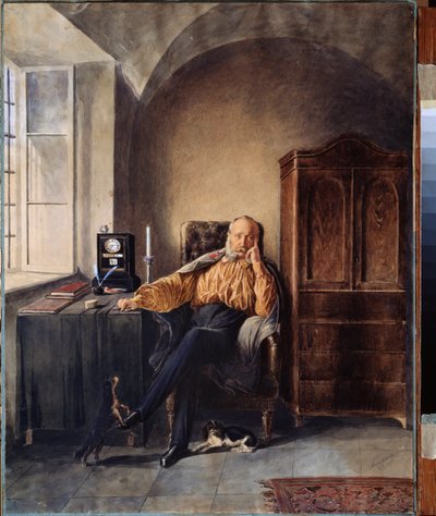 Retraite. (Ein Mann allein, in Gedanken versunken an seinem Schreibtisch). von Pyotr Fyodorovich Sokolov