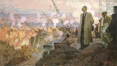 Maxim Gorki (1868-1936) beim Bau des Wasserkraftwerks 