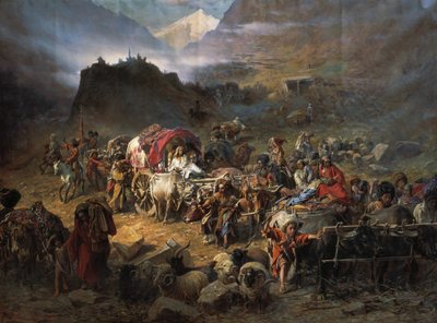 Die Bergsteiger verlassen das Aul vor dem Herannahen der russischen Armee, 1872 von Pyotr Nikolayevich Grusinsky