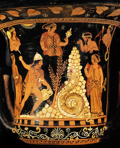 Rotfiguriger Krater: König Kadmos, eine Amphore in einer Hand, wirft Steine auf den Drachen von Python Python