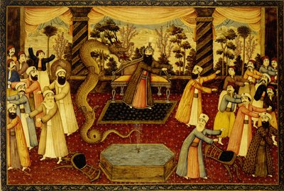 Und er warf seinen Stab nieder, und er verwandelte sich in eine Schlange, und Mose floh davor, ca. 1860-70 von Qajar School