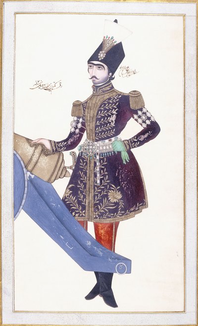 Porträt von Nasir al-Din Shah, Hand auf einer Kanone ruhend, ca. 1853-54 von Qajar School