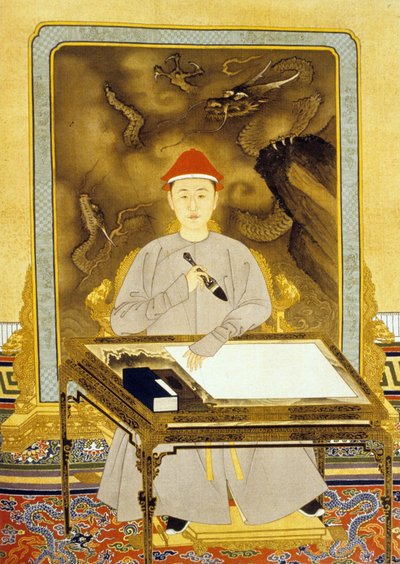 Heng Tsu oder Kangxi, Kaiser von China an seinem Schreibtisch von Qing Dynasty   Kangxi Period Chinese School